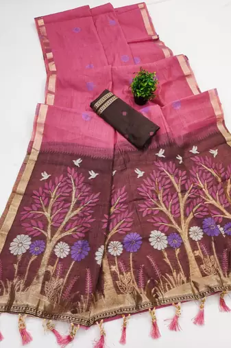 pink soft muga cotton saree with meenakari weaving motifs and contrast blouse