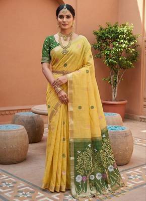 yellow soft muga cotton saree with meenakari weaving motifs and contrast blouse 1