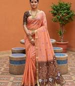 peach  soft pure muga cotton  saree with meenakari  weaving  motifs and contrast blouse