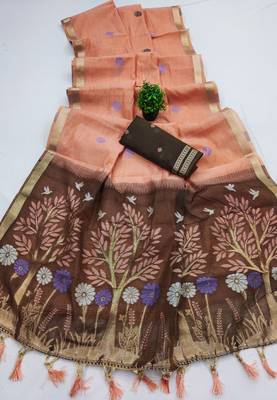 peach soft muga cotton saree with meenakari weaving motifs and contrast blouse 2