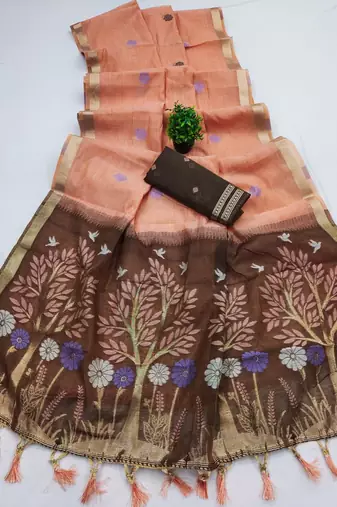 peach soft muga cotton saree with meenakari weaving motifs and contrast blouse