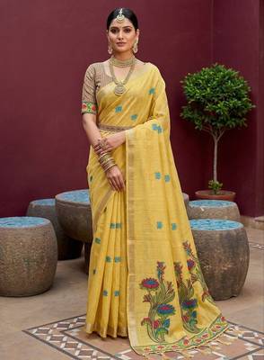yellow soft muga cotton saree with meenakari weaving motifs and contrast blouse 1