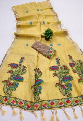 yellow soft muga cotton saree with meenakari weaving motifs and contrast blouse 2