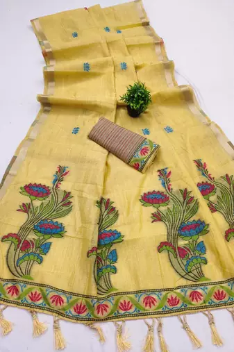 yellow soft muga cotton saree with meenakari weaving motifs and contrast blouse