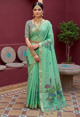 green soft muga cotton saree with meenakari weaving motifs and contrast blouse 1