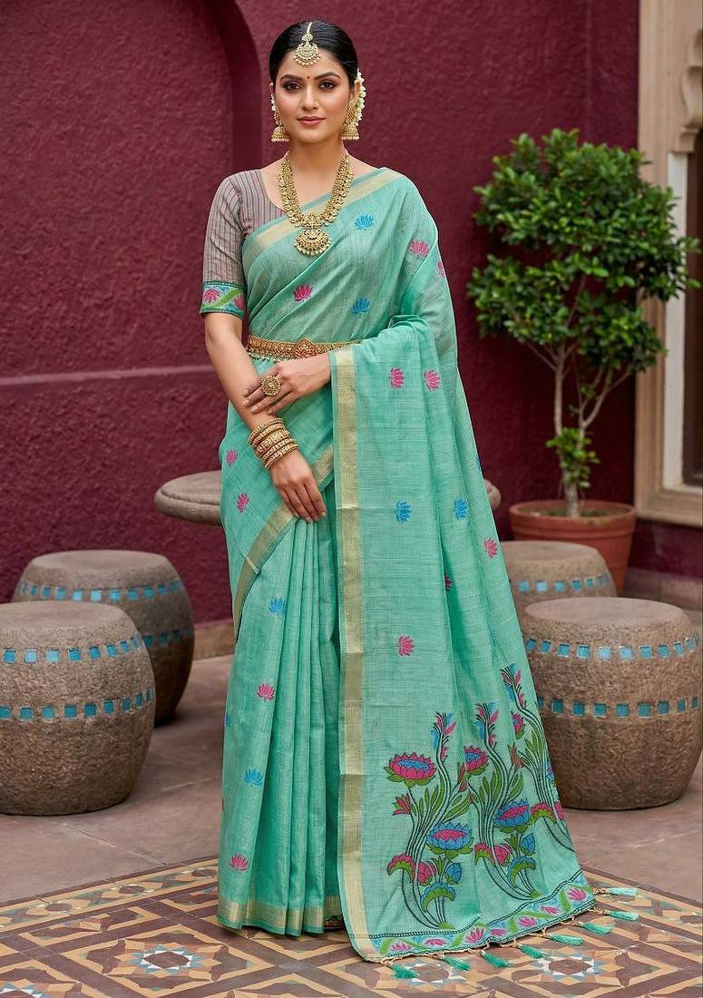 sea_green  soft pure muga cotton  saree with meenakari  weaving  motifs and contrast blouse
