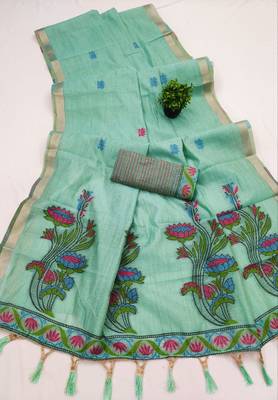 sea_green soft muga cotton saree with meenakari weaving motifs and contrast blouse 2