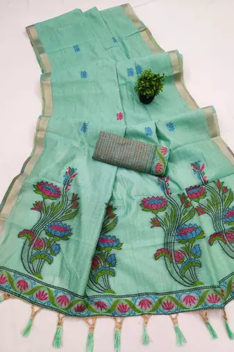 sea_green soft muga cotton saree with meenakari weaving motifs and contrast blouse