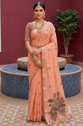 peach  soft pure muga cotton  saree with meenakari  weaving  motifs and contrast blouse