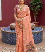 peach  soft pure muga cotton  saree with meenakari  weaving  motifs and contrast blouse