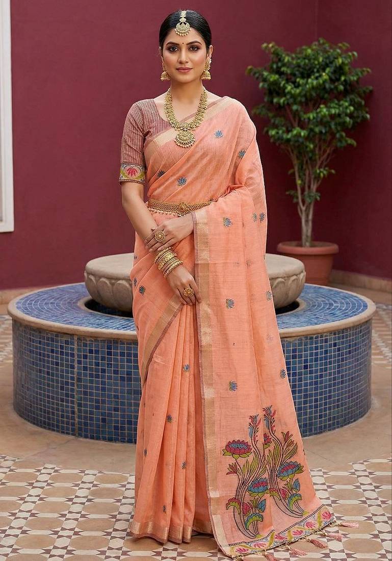 peach  soft pure muga cotton  saree with meenakari  weaving  motifs and contrast blouse