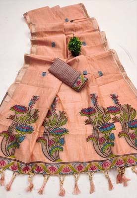 peach soft muga cotton saree with meenakari weaving motifs and contrast blouse 2