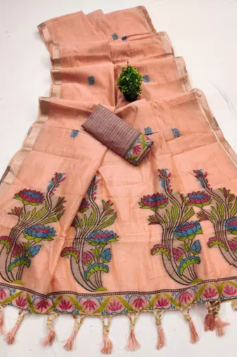 peach soft muga cotton saree with meenakari weaving motifs and contrast blouse