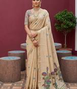 cream  soft pure muga cotton  saree with meenakari  weaving  motifs and contrast blouse