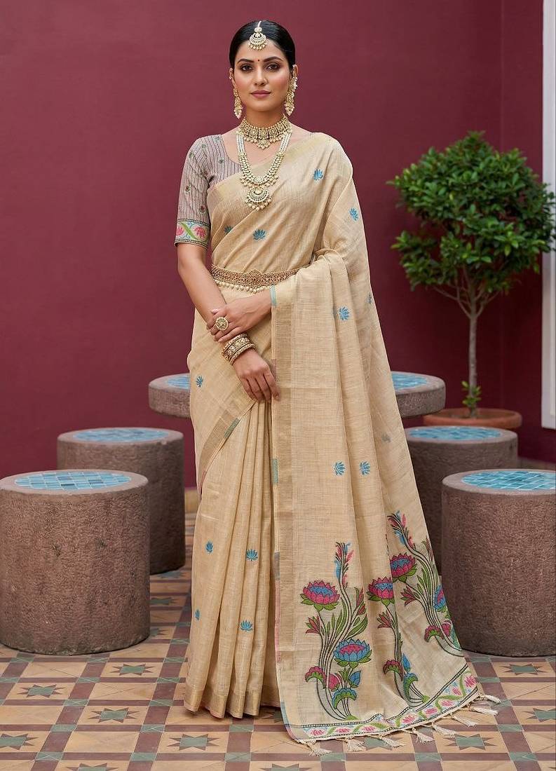 cream  soft pure muga cotton  saree with meenakari  weaving  motifs and contrast blouse