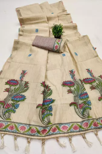 cream soft muga cotton saree with meenakari weaving motifs and contrast blouse