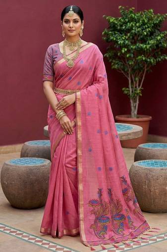 pink  soft pure muga cotton  saree with meenakari  weaving  motifs and contrast blouse