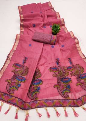 pink soft muga cotton saree with meenakari weaving motifs and contrast blouse 2