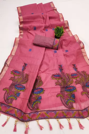 pink soft muga cotton saree with meenakari weaving motifs and contrast blouse