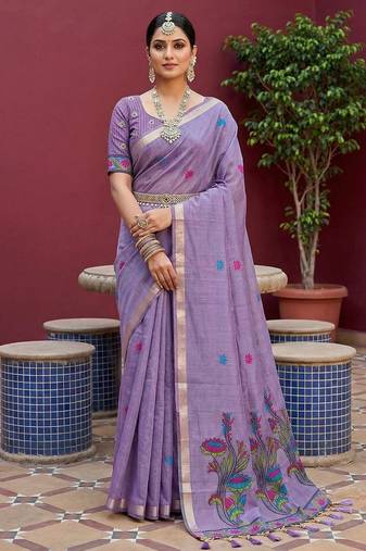 lavender  soft pure muga cotton  saree with meenakari  weaving  motifs and contrast blouse