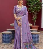 lavender  soft pure muga cotton  saree with meenakari  weaving  motifs and contrast blouse