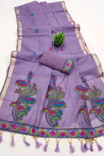 lavender soft muga cotton saree with meenakari weaving motifs and contrast blouse