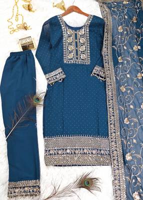 Teal Green faux georgette silk heavy embroidery work fully salwar suit 6