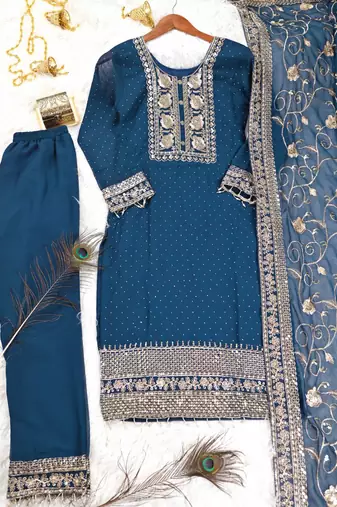 Teal Green faux georgette silk heavy embroidery work fully salwar suit