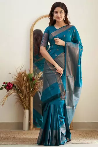 Turquoise silk blend banarasi jaquard designer saree with blouse
