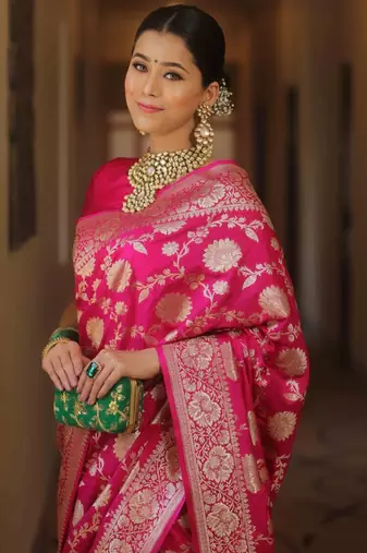 Pink silk blend banarasi jaquard designer saree with blouse
