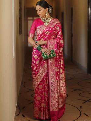 Pink silk blend banarasi jaquard designer saree with blouse 3