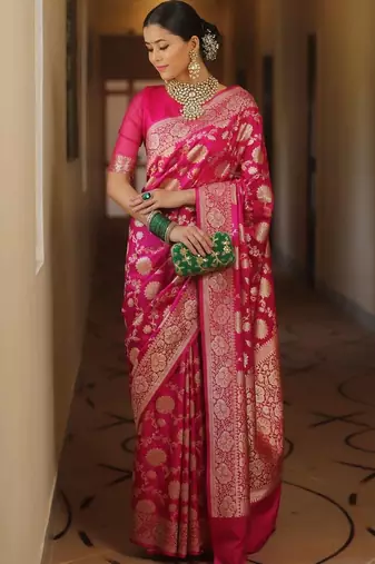 Pink silk blend banarasi jaquard designer saree with blouse