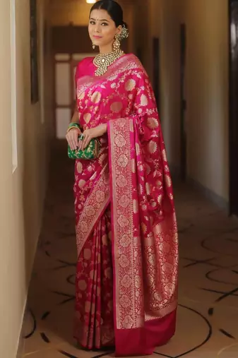 Pink silk blend banarasi jaquard designer saree with blouse