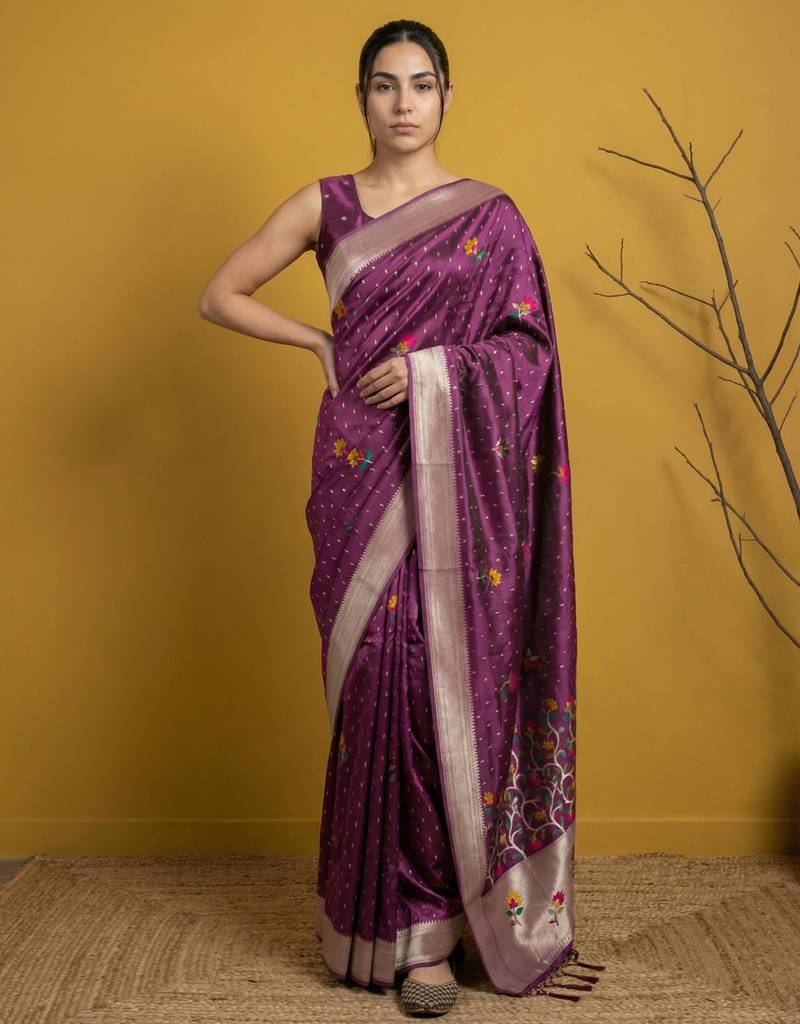 soft organza meenakari woven saree with jamdani zari pallu and brocade blouse