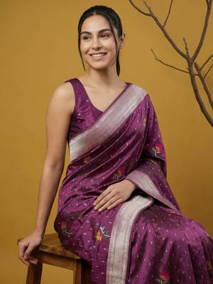 soft organza meenakari woven saree with jamdani zari pallu and brocade blouse 2