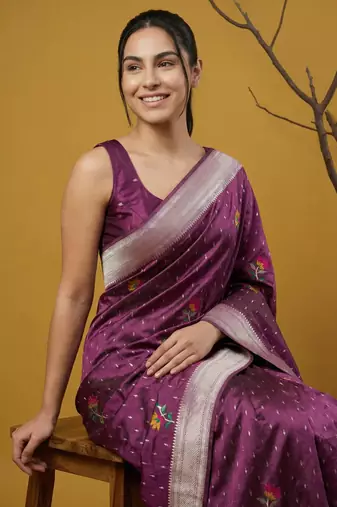 soft organza meenakari woven saree with jamdani zari pallu and brocade blouse