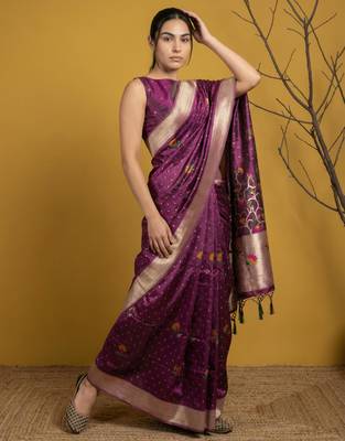 soft organza meenakari woven saree with jamdani zari pallu and brocade blouse 3