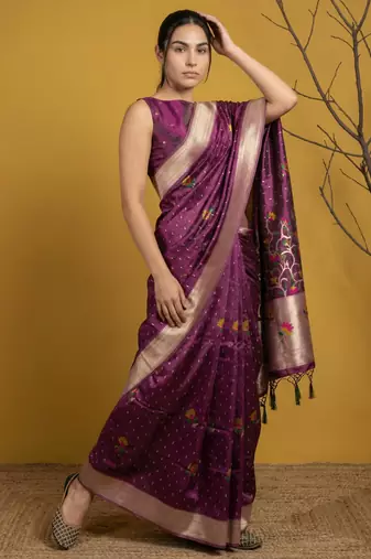 soft organza meenakari woven saree with jamdani zari pallu and brocade blouse