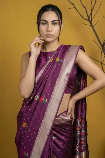 soft organza meenakari woven saree with jamdani zari pallu and brocade blouse