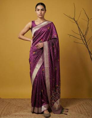 soft organza meenakari woven saree with jamdani zari pallu and brocade blouse 5