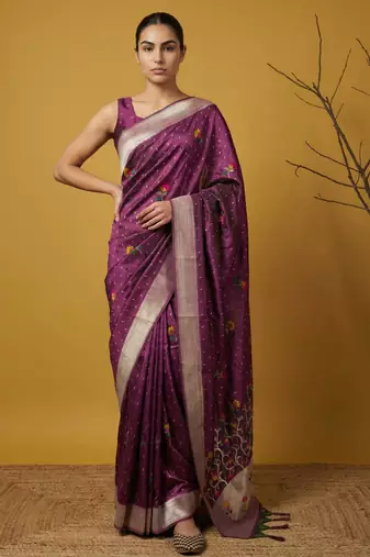 soft organza meenakari woven saree with jamdani zari pallu and brocade blouse