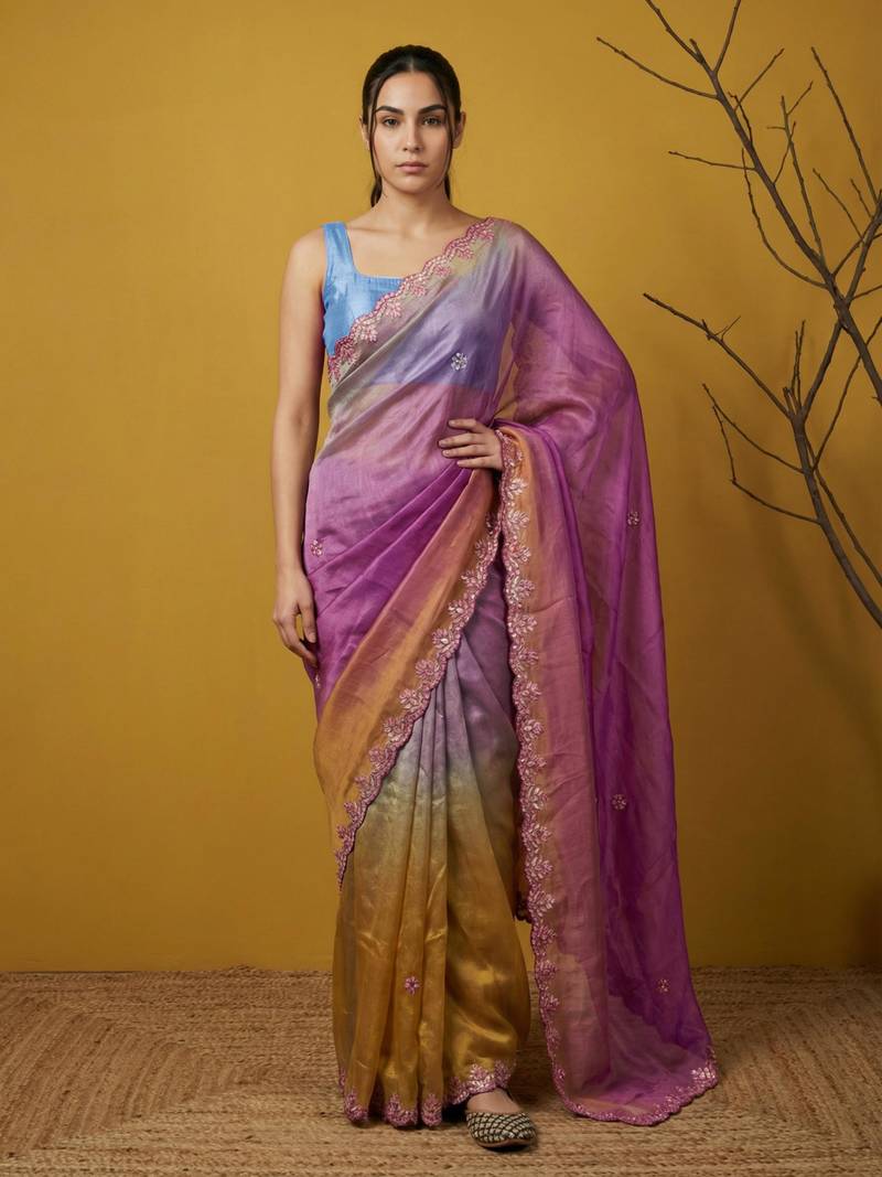 fendy satin designer saree with gotapatti work and cutwork piping border