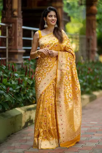 Yellow silk blend banarasi jaquard designer saree with blouse