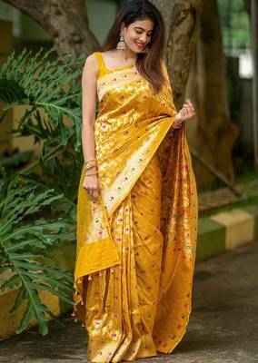 Yellow silk blend banarasi jaquard designer saree with blouse 4
