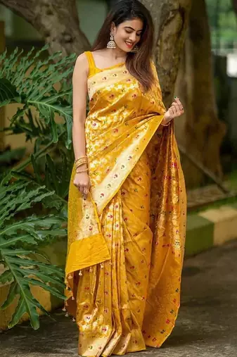 Yellow silk blend banarasi jaquard designer saree with blouse
