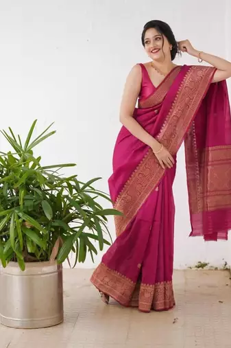 Pink silk blend banarasi jaquard designer saree with blouse