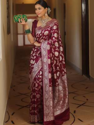 Maroon silk blend banarasi jaquard designer saree with blouse 2