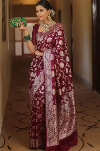 Maroon silk blend banarasi jaquard designer saree with blouse