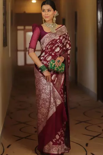 Maroon silk blend banarasi jaquard designer saree with blouse