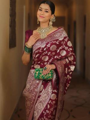 Maroon silk blend banarasi jaquard designer saree with blouse 4